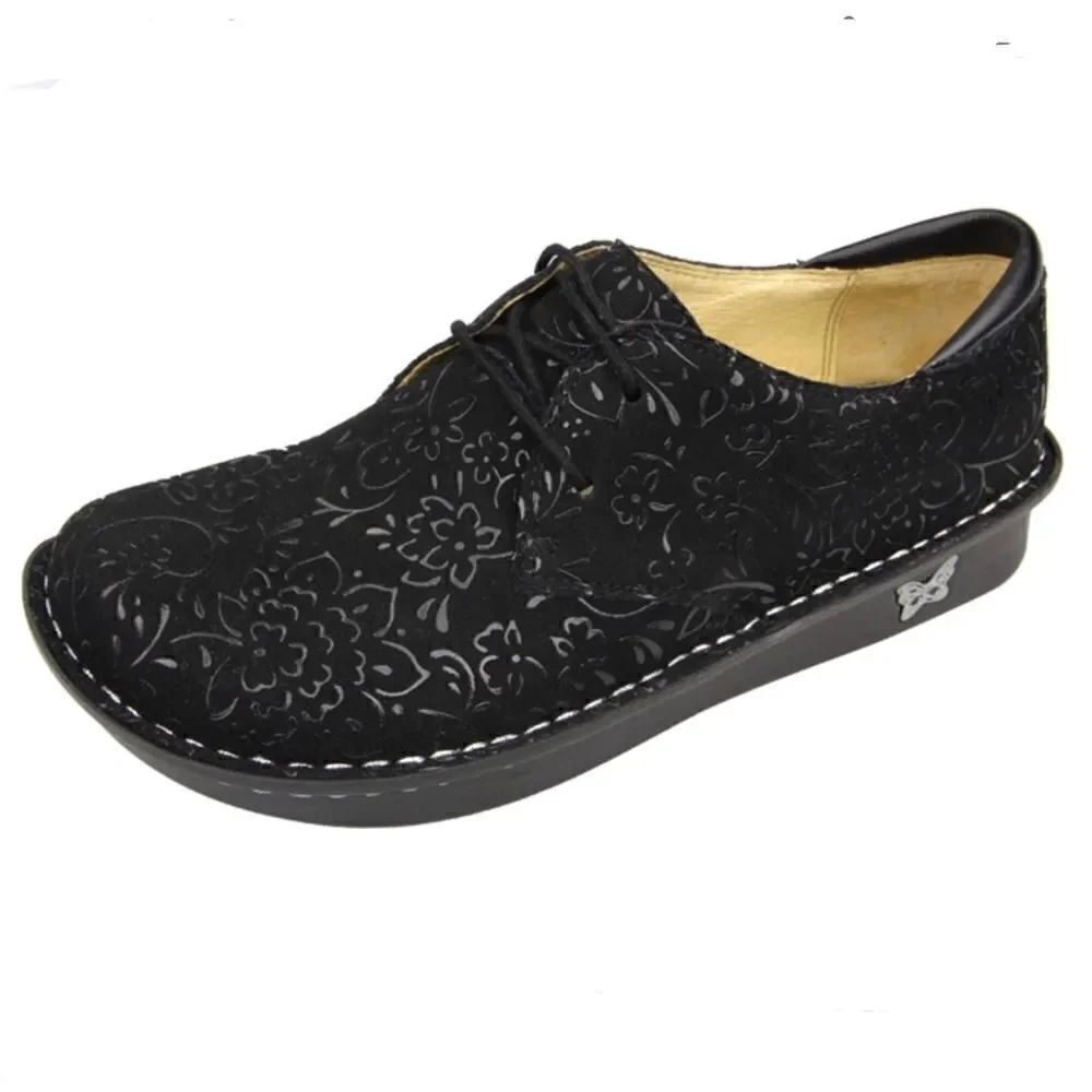 Alegria Bree Black Leather Floral Tooled Lace Up Sprigs Support Oxford Shoes